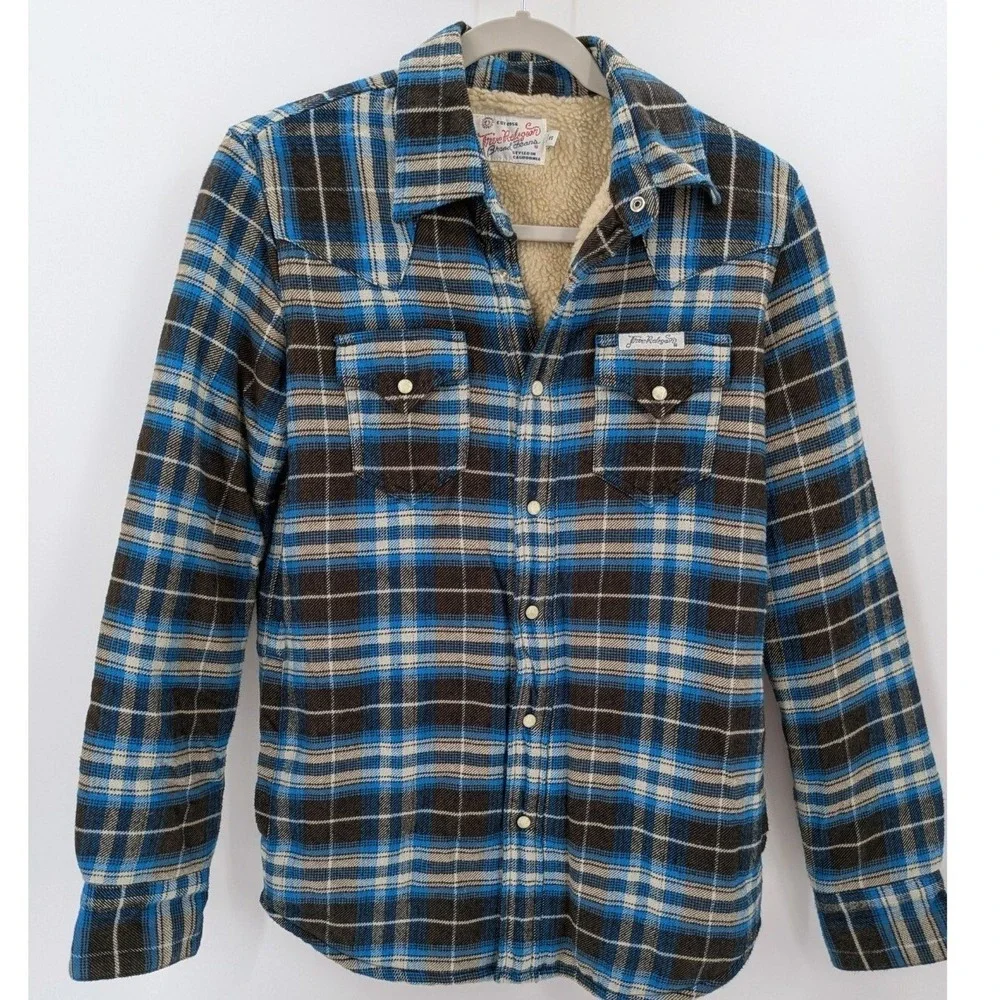 True Religion Sherpa Lined Flannel Shirt Jacket Blue Plaid Western Pearl Snap XS